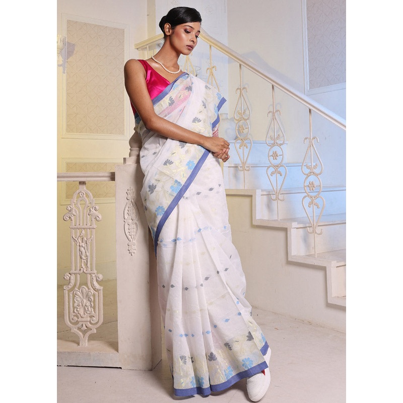 White Cotton Saree With Blouse Piece - JD986585977