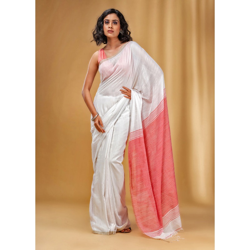 White Cotton Saree With Blouse Piece - JD986585978