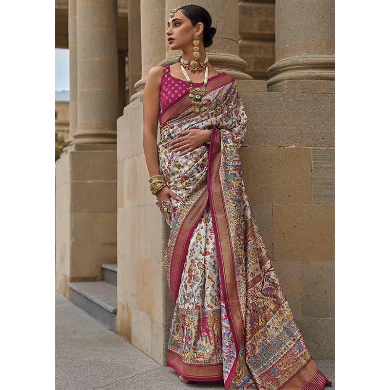 White Dupion Silk Saree With Blouse Piece - JD986585968