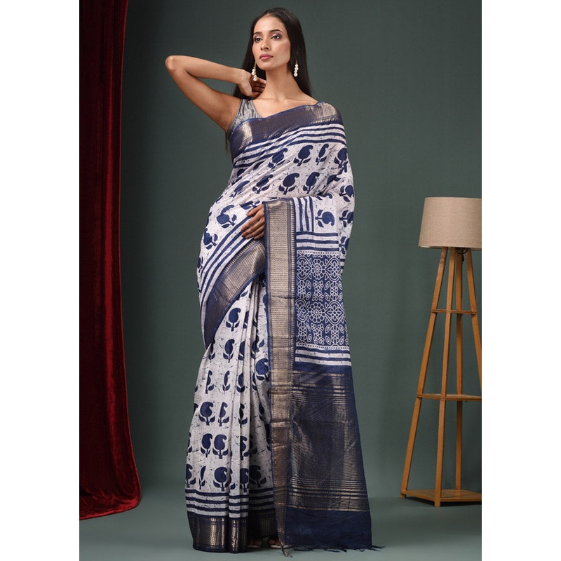 White Dupion Silk Saree With Blouse Piece - JD986585970