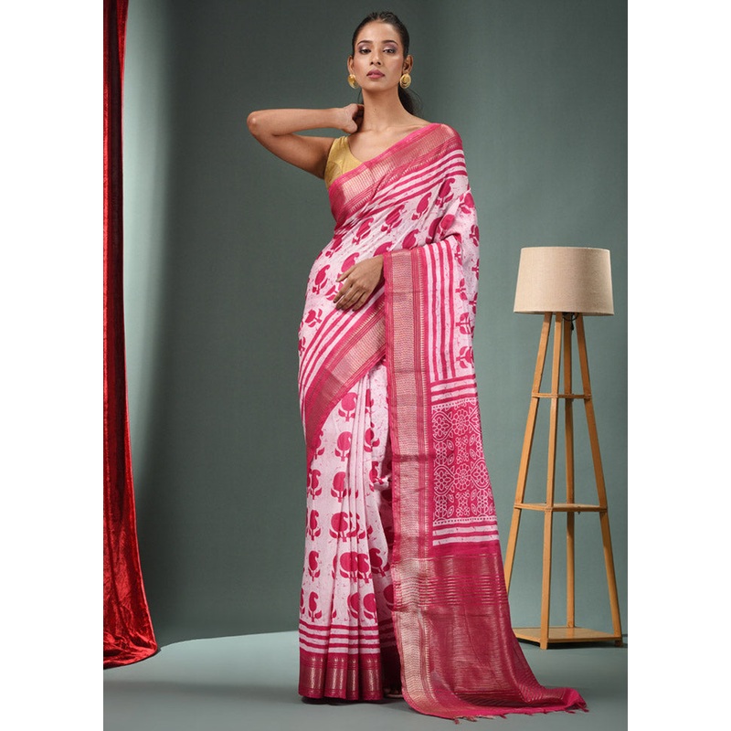 White Dupion Silk Saree With Blouse Piece - JD986585971