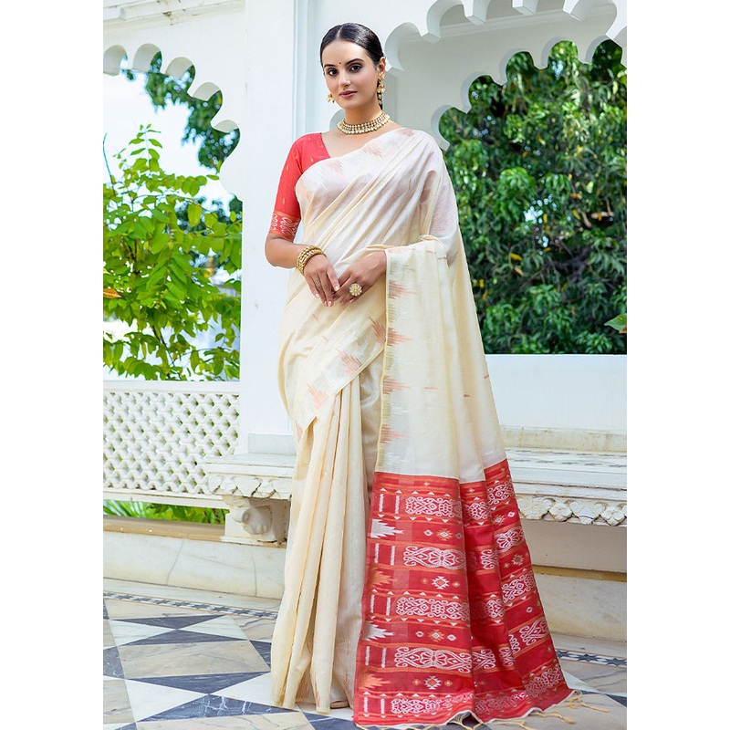 White Dupion Silk Saree With Blouse Piece - JD986585972
