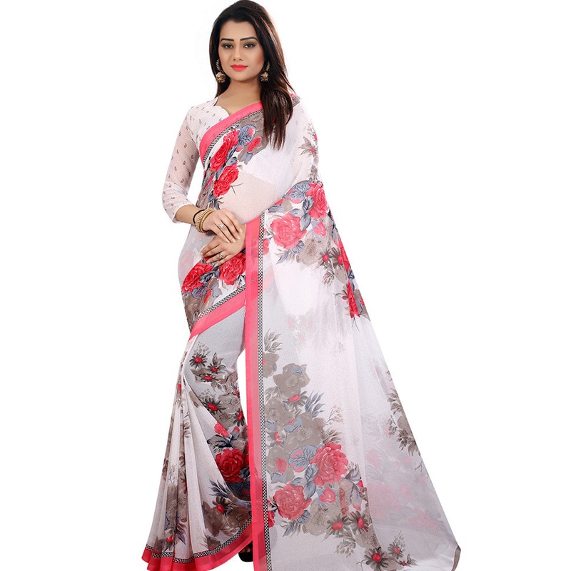 White Georgette Saree With Blouse Piece - JD986585963