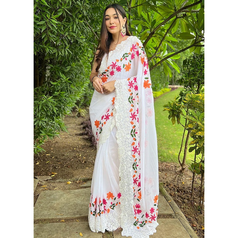 White Georgette Saree With Blouse Piece - JD986585967