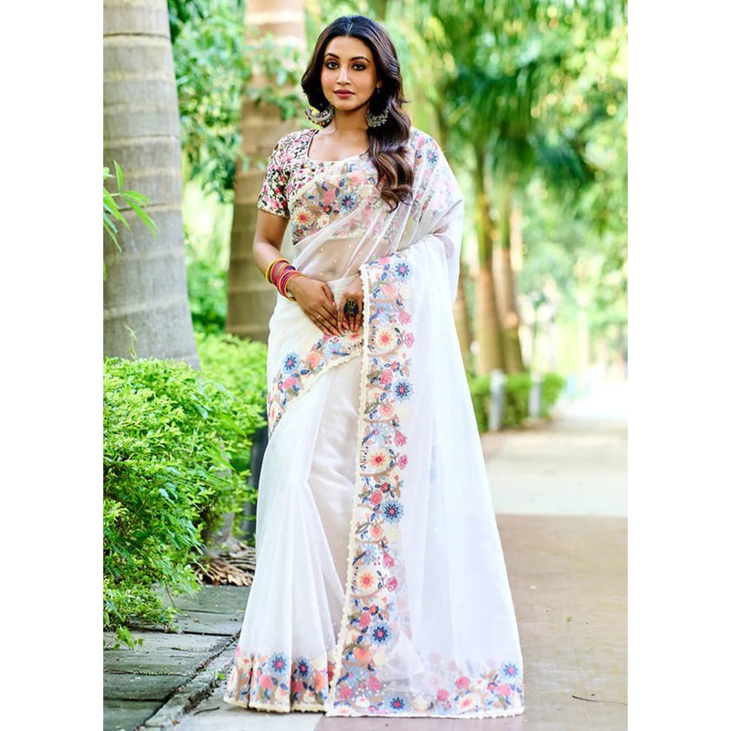 White Organza Saree With Blouse Piece - JD986585958
