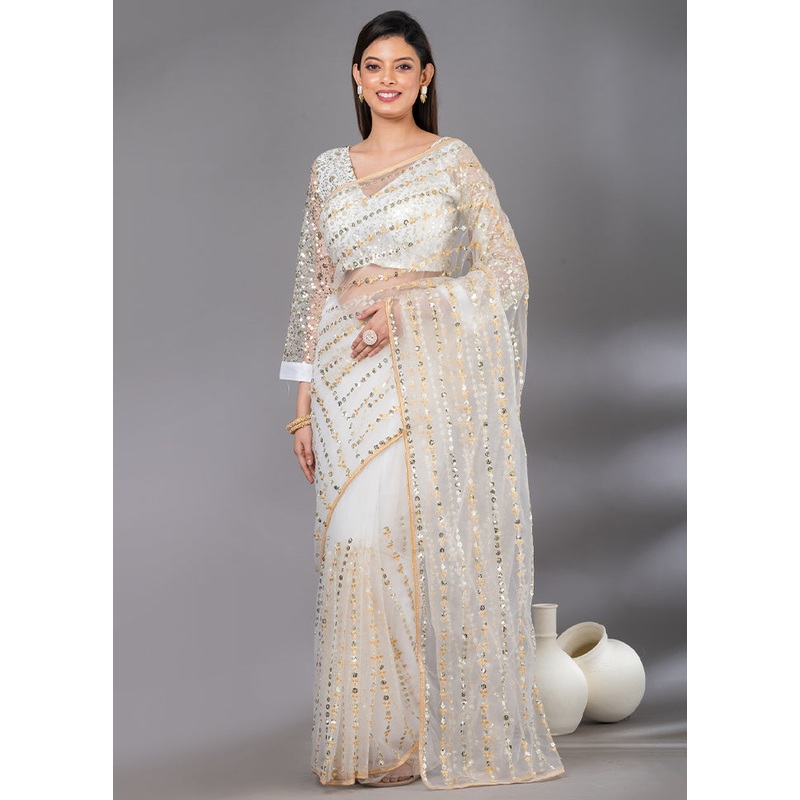 White Organza Saree With Blouse Piece - JD986585959