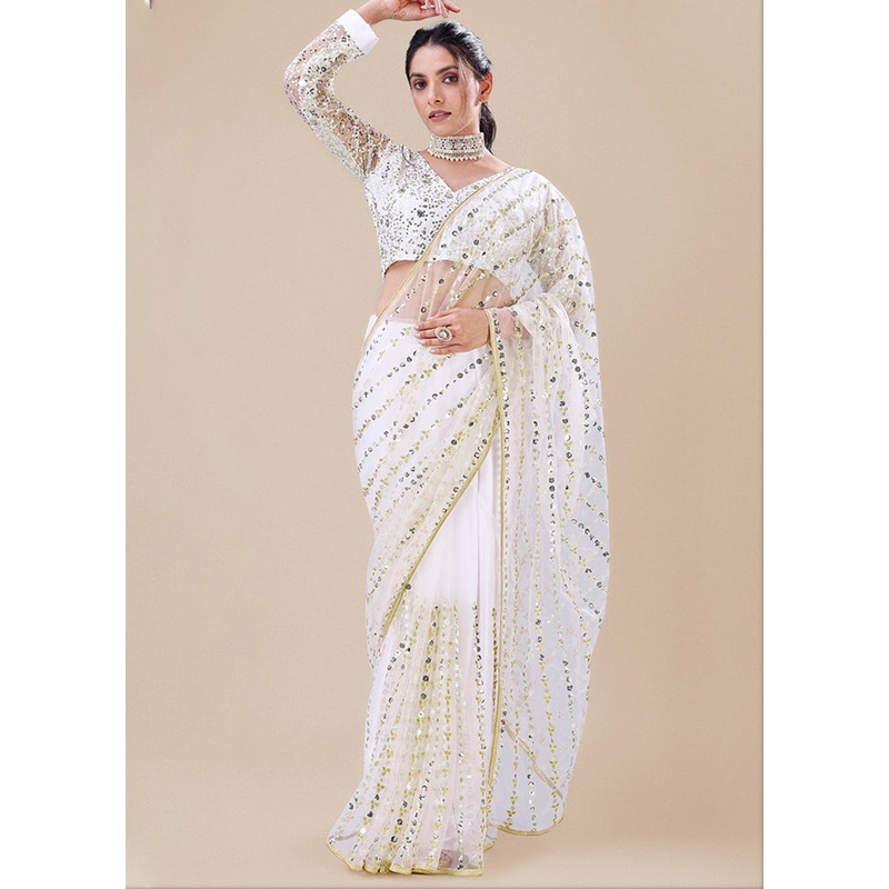 White Organza Saree With Blouse Piece - JD986585960
