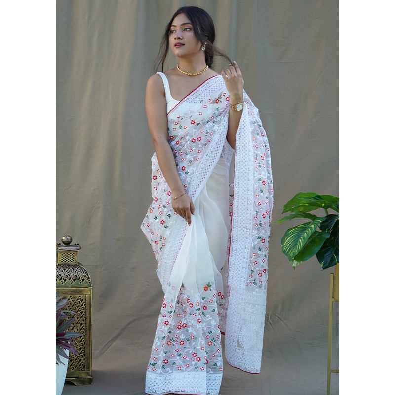 White Organza Saree With Blouse Piece - JD986585961