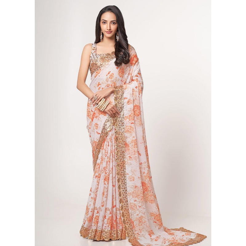 White Organza Saree With Blouse Piece - JD986585962