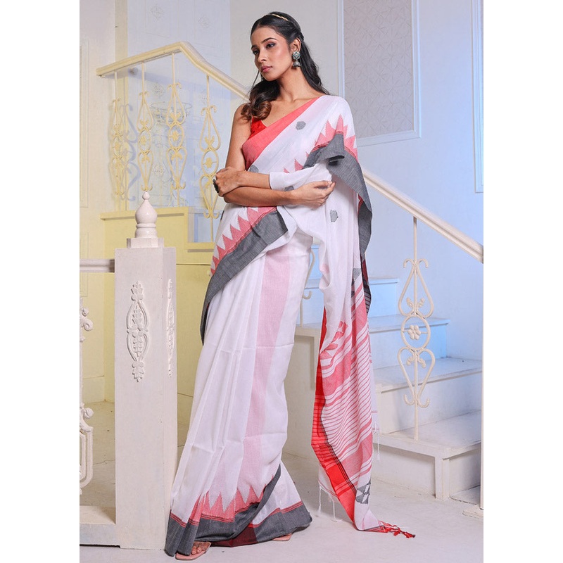 White Pure Cotton Saree With Blouse Piece - JD986585938