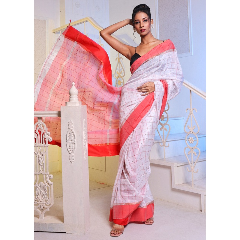 White Pure Cotton Saree With Blouse Piece - JD986585939