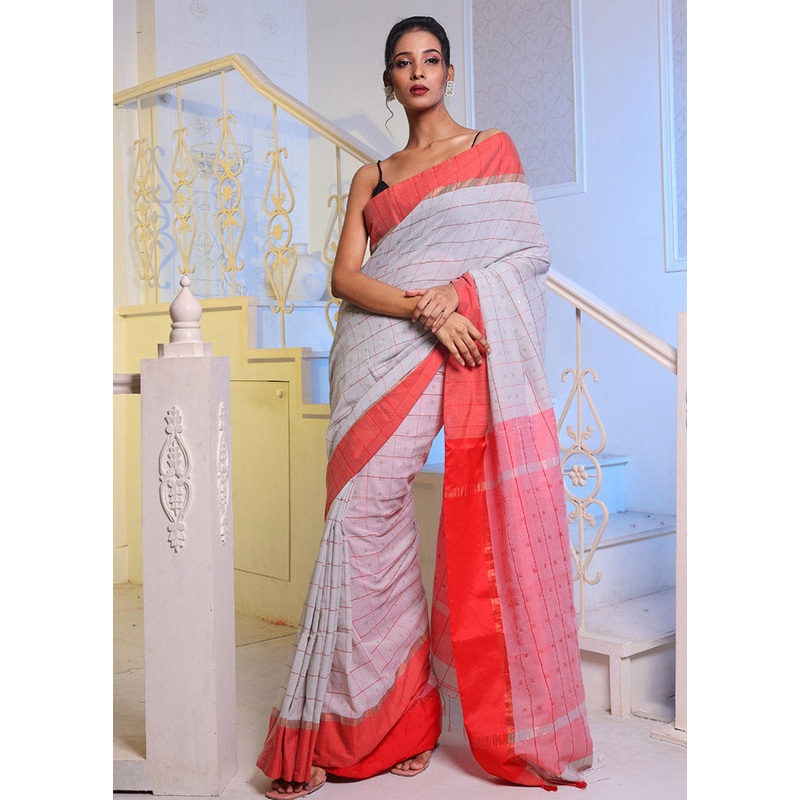 White Pure Cotton Saree With Blouse Piece - JD986585940