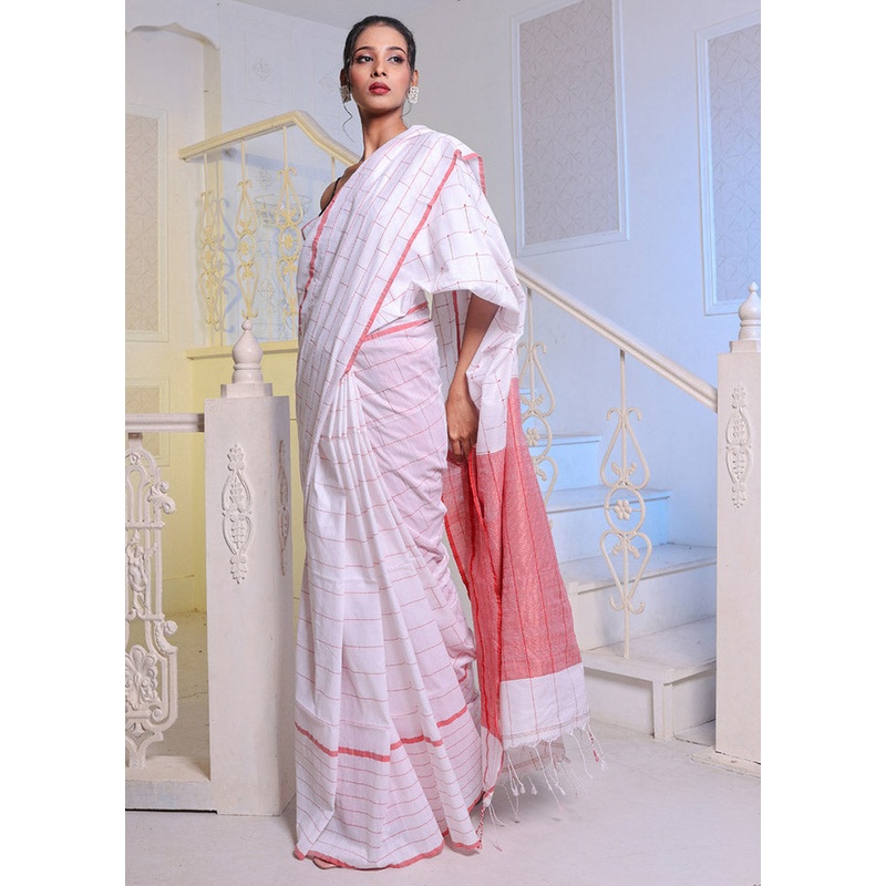 White Pure Cotton Saree With Blouse Piece - JD986585941