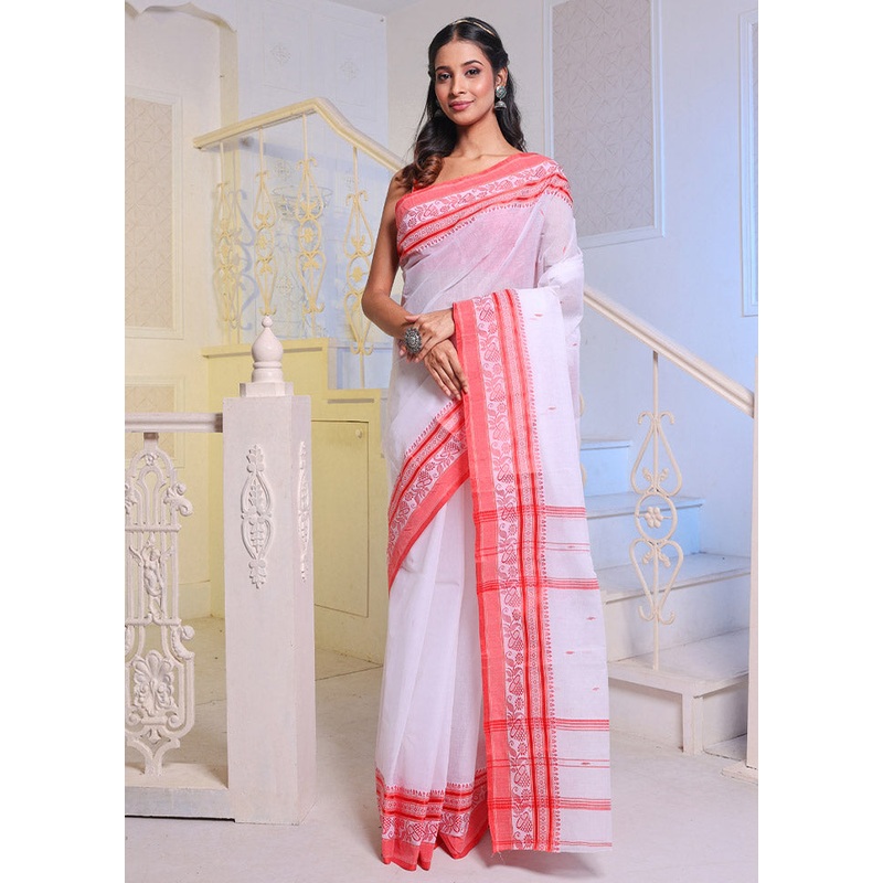 White Pure Cotton Saree With Blouse Piece - JD986585942