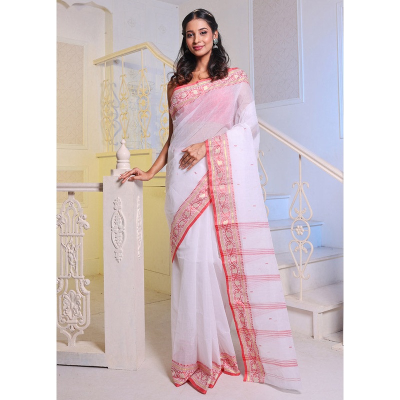 White Pure Cotton Saree With Blouse Piece - JD986585943