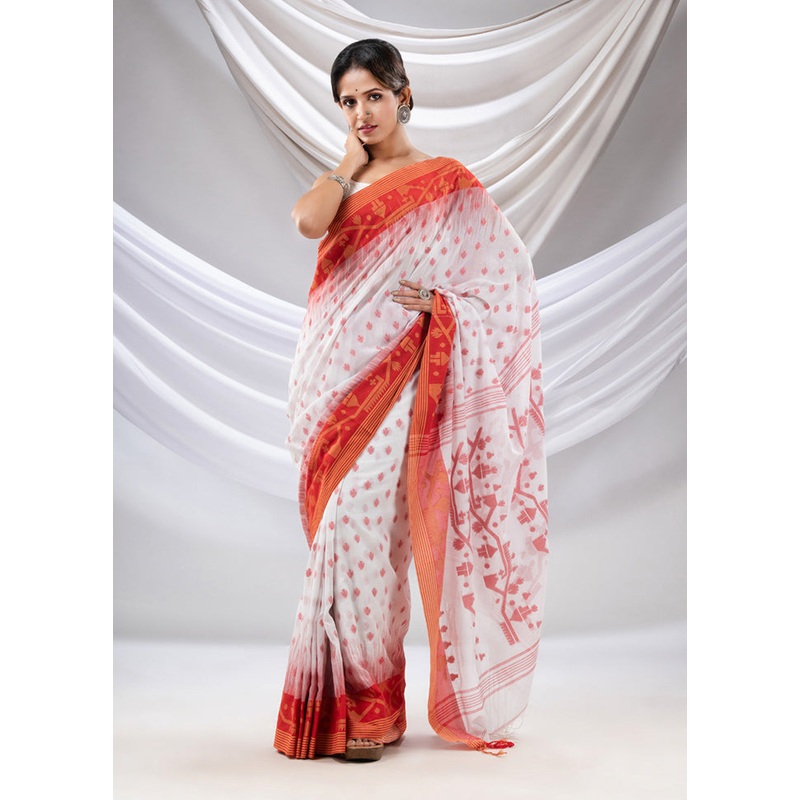 White Pure Cotton Saree With Blouse Piece - JD986585944
