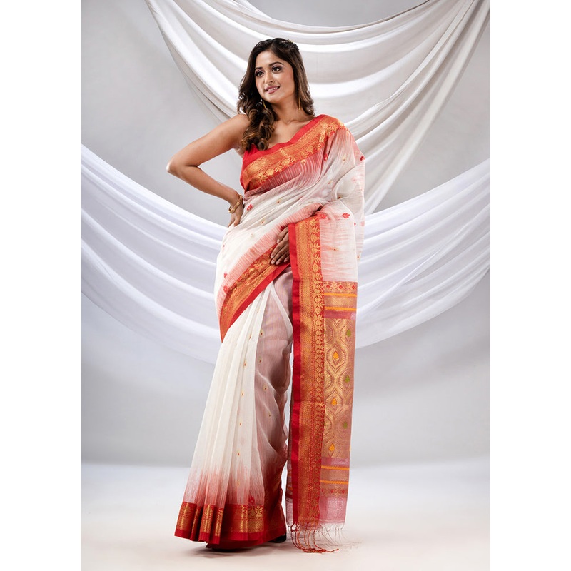 White Pure Cotton Saree With Blouse Piece - JD986585945