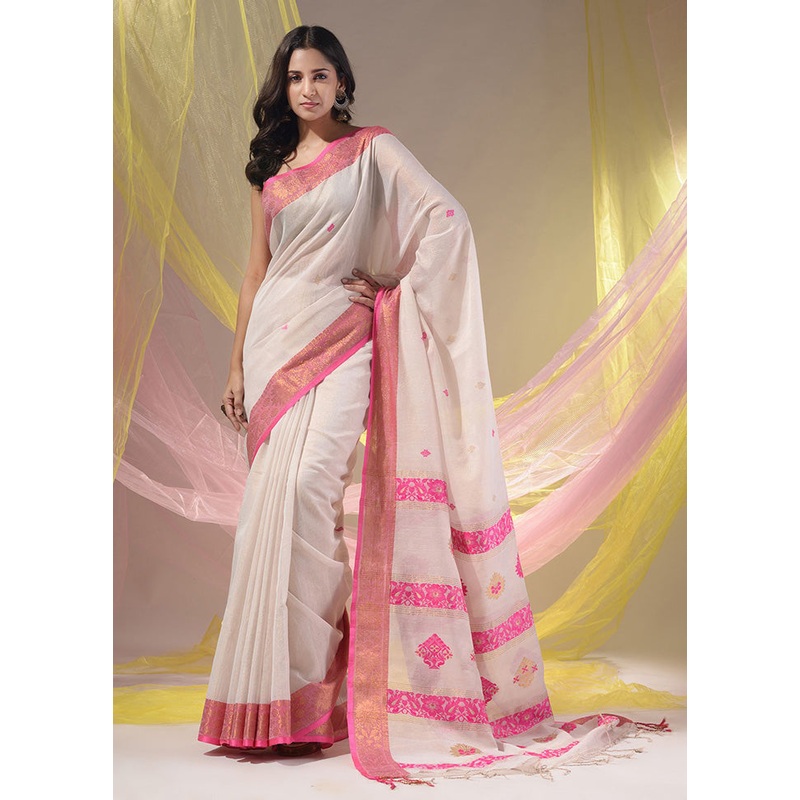 White Pure Cotton Saree With Blouse Piece - JD986585946