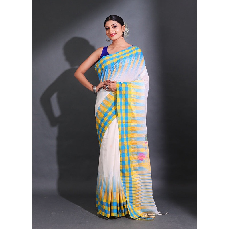 White Pure Cotton Saree With Blouse Piece - JD986585948
