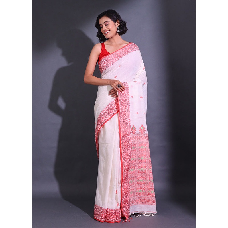 White Pure Cotton Saree With Blouse Piece - JD986585949