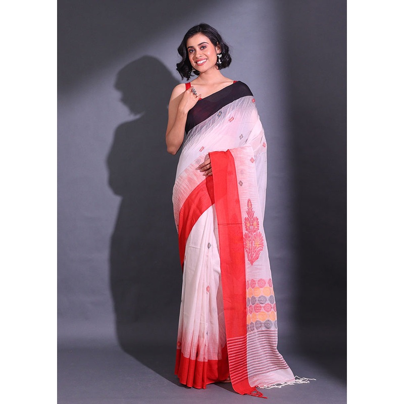 White Pure Cotton Saree With Blouse Piece - JD986585950