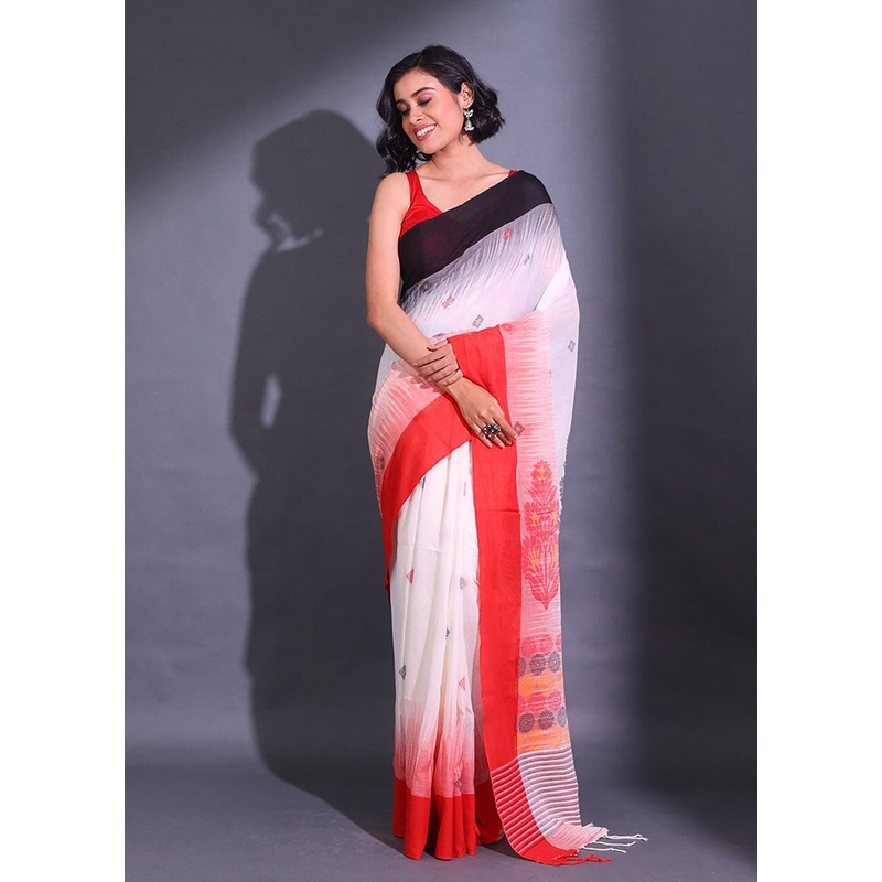 White Pure Cotton Saree With Blouse Piece - JD986585951