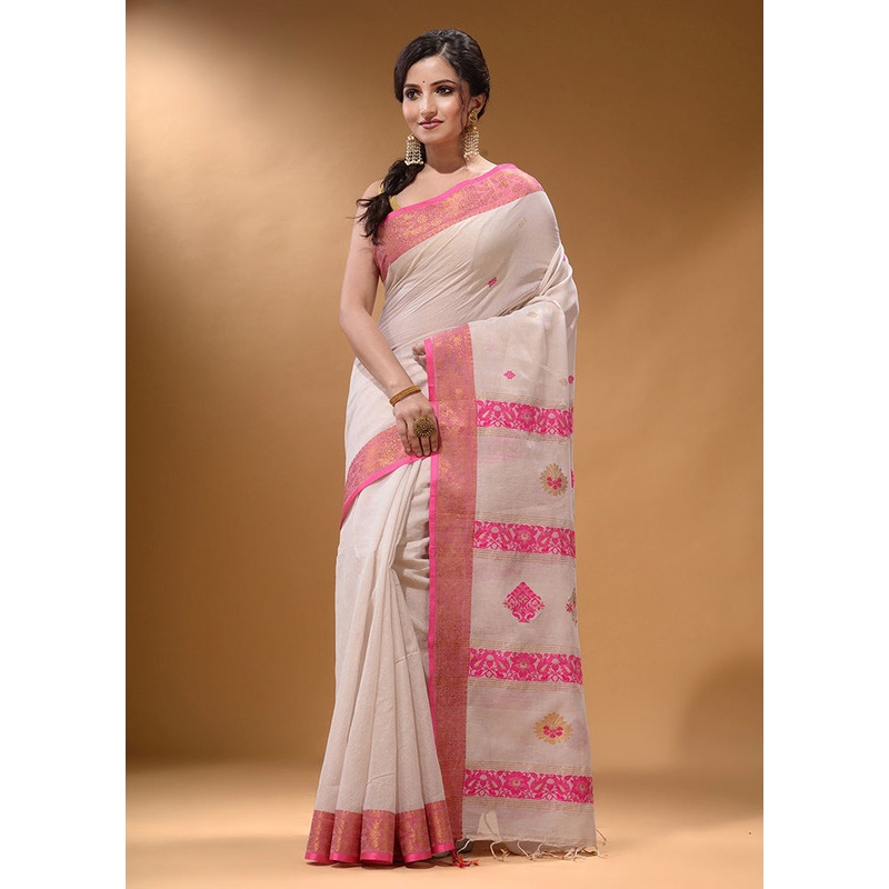 White Pure Cotton Saree With Blouse Piece - JD986585952