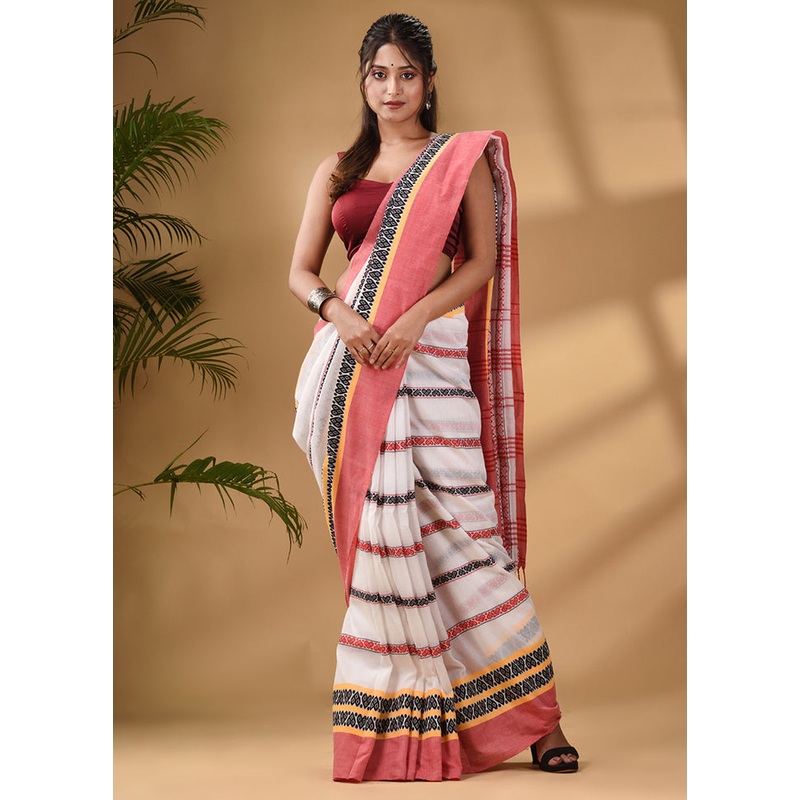 White Pure Cotton Saree With Blouse Piece - JD986585953