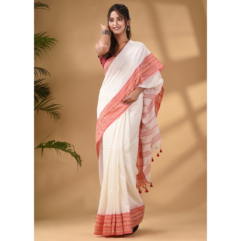 White Pure Cotton Saree With Blouse Piece - JD986585954