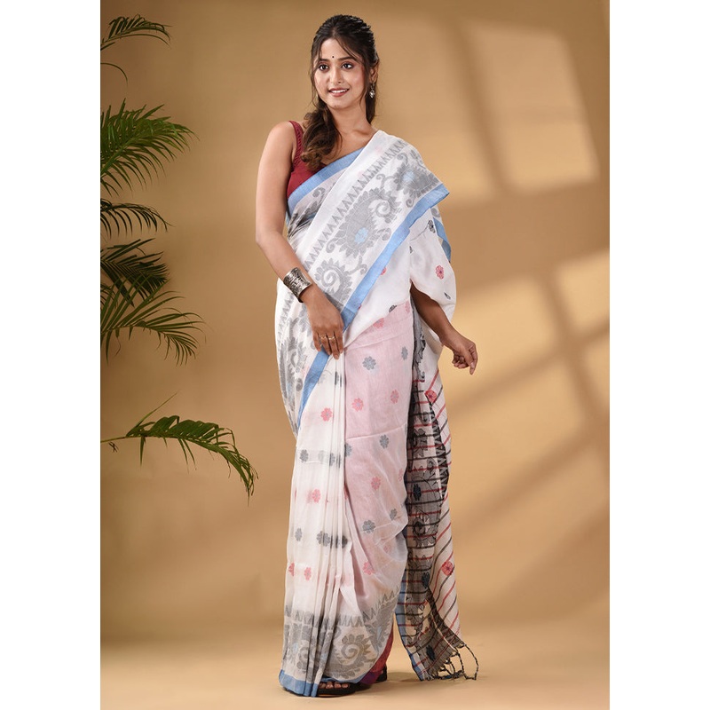 White Pure Cotton Saree With Blouse Piece - JD986585955