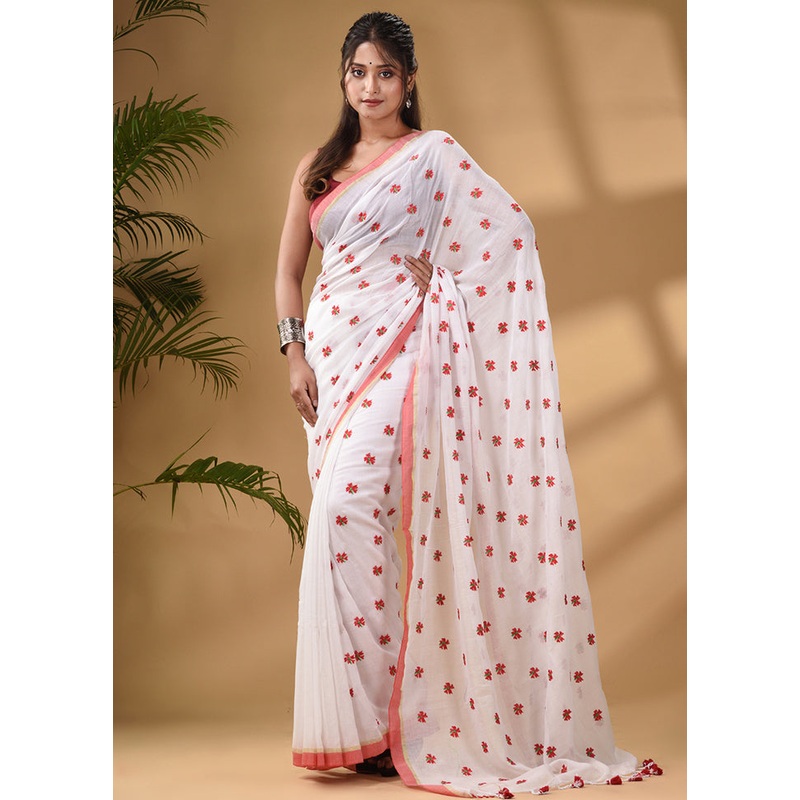 White Pure Cotton Saree With Blouse Piece - JD986585956