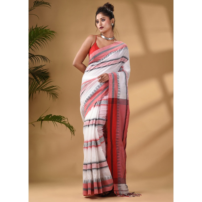 White Pure Cotton Saree With Blouse Piece - JD986585957