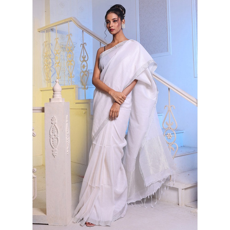 White Pure Linen Saree With Blouse Piece - JD986585937