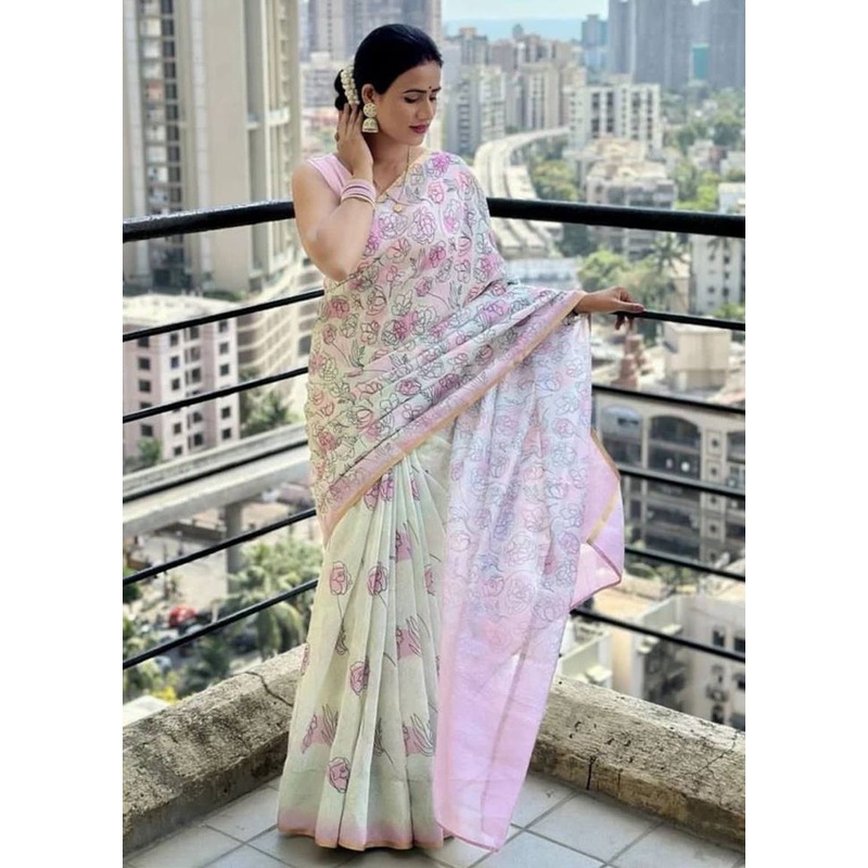 White Silk Saree With Blouse Piece - JD986585928