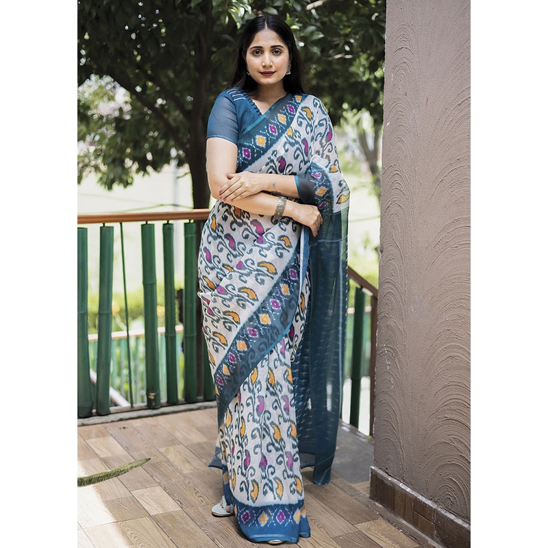 White Silk Saree With Blouse Piece - JD986585931