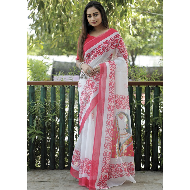White Silk Saree With Blouse Piece - JD986585932