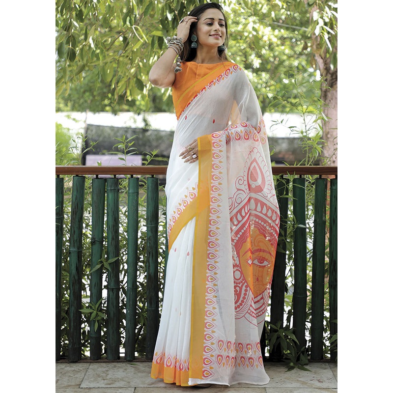 White Silk Saree With Blouse Piece - JD986585933