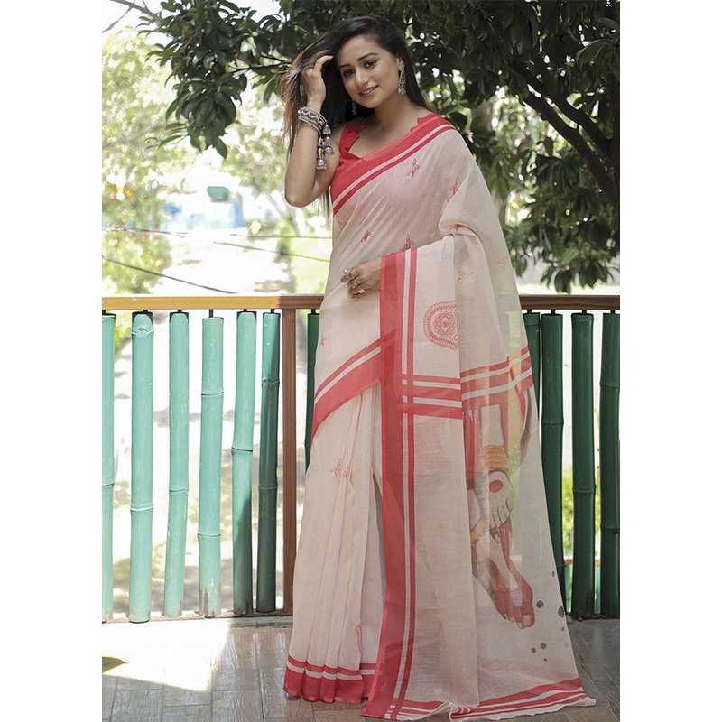 White Silk Saree With Blouse Piece - JD986585934