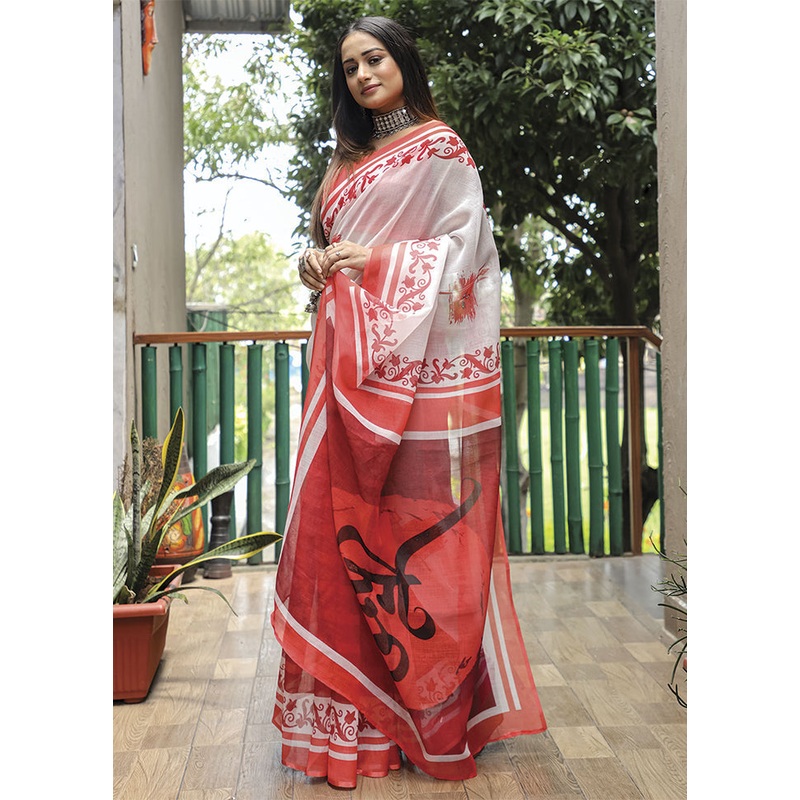 White Silk Saree With Blouse Piece - JD986585936