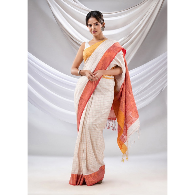 White Spun Silk Saree With Blouse Piece - JD986585917
