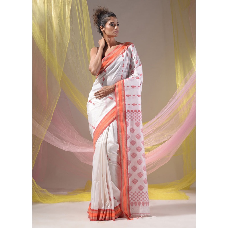 White Spun Silk Saree With Blouse Piece - JD986585918