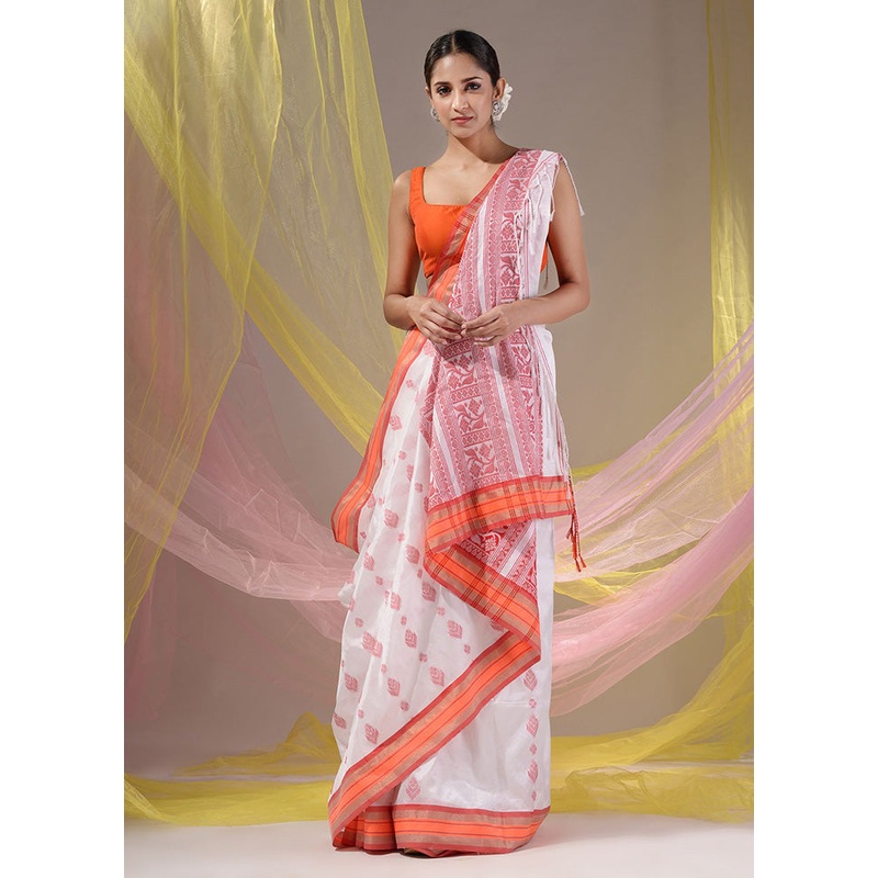 White Spun Silk Saree With Blouse Piece - JD986585919