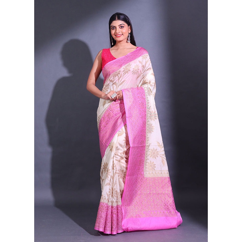 White Spun Silk Saree With Blouse Piece - JD986585920