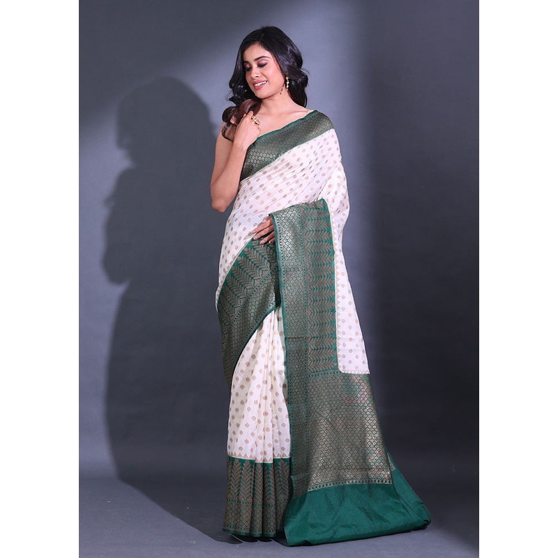 White Spun Silk Saree With Blouse Piece - JD986585921