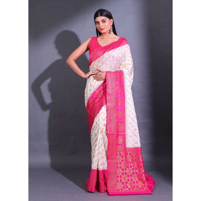 White Spun Silk Saree With Blouse Piece - JD986585922