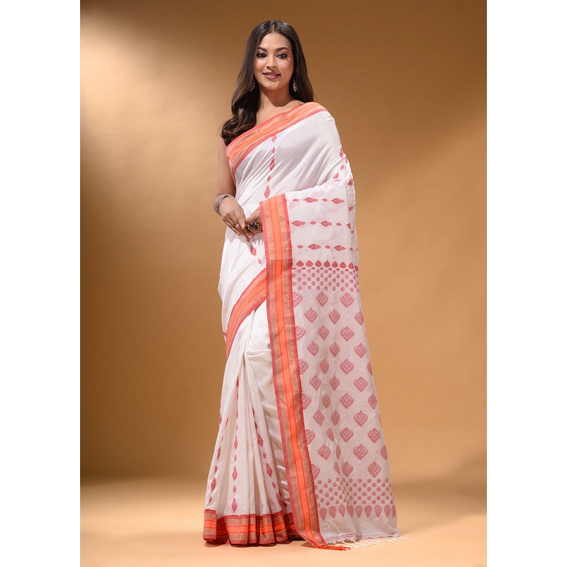 White Spun Silk Saree With Blouse Piece - JD986585923
