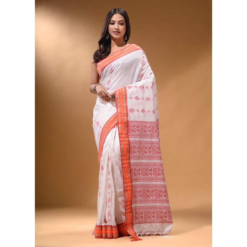 White Spun Silk Saree With Blouse Piece - JD986585924