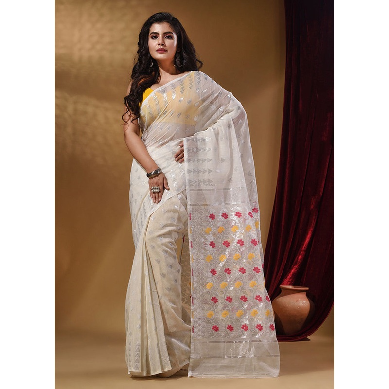 White Tant Jamdani Saree With Blouse Piece - JD986585916