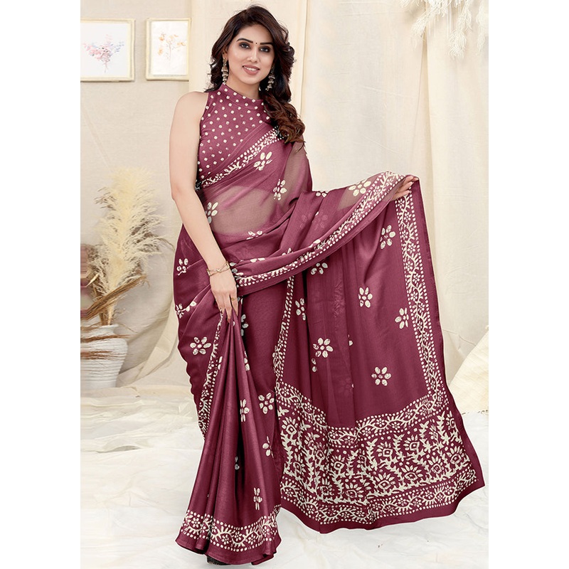 Wine Chiffon Silk Saree With Blouse Piece - JD986585914