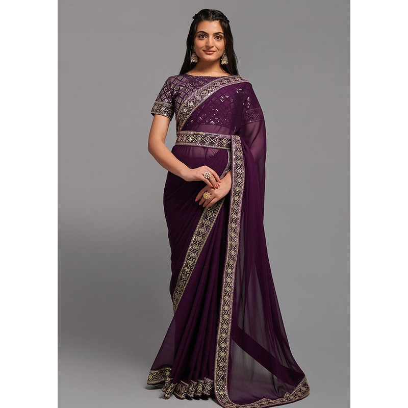 Wine Chiffon Silk Saree With Blouse Piece - JD986585915